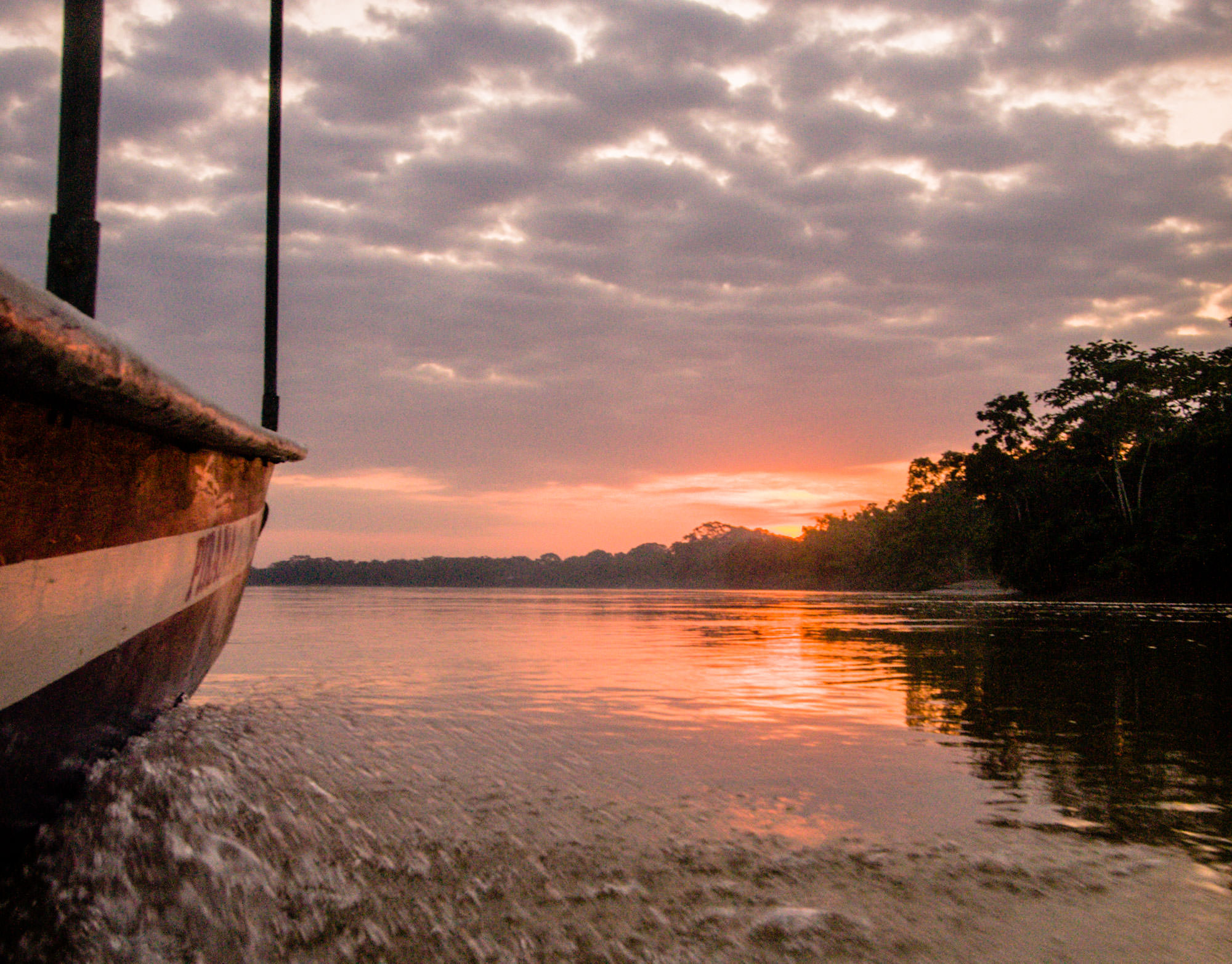 At dawn, a small boat navigates the tropical river island's of Ecuador's Amazon Basin