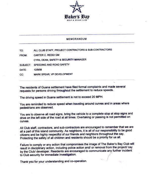 Bakers Bay Memo