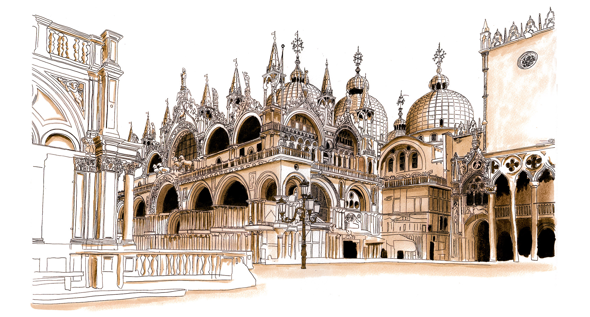Architectural travel illustration of St. Mark's Basilica in Venice by Erik Gauger, created using liner pens, Copic markers, and watercolor to capture the ornate domes and arches of the historic church in St. Mark's Square.