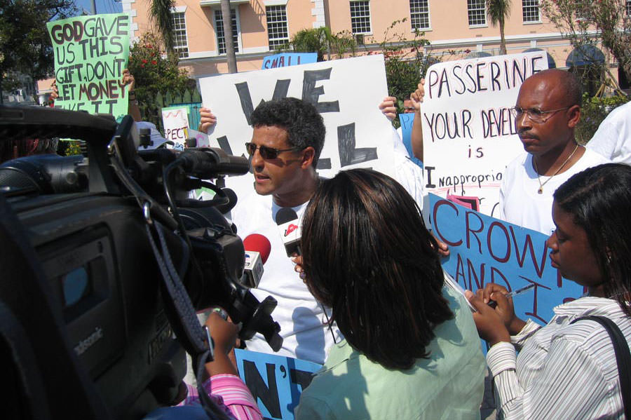 Save Guana Cay Reef Attorney Fred Smith with Save Guana Cay Reef protestors and journalists