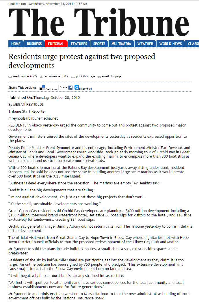 Screen capture from The Tribune of fight against proposed Abaco developments