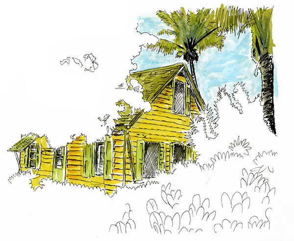 Handpainted sketch of Great Guana Cay settlement.