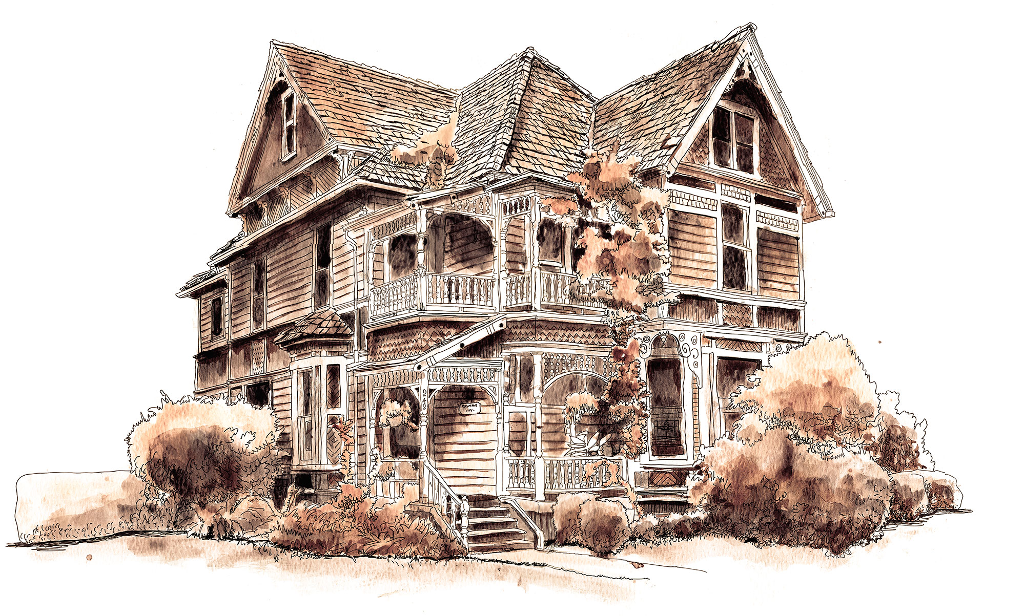 Dr. Henry S. Pernot House in Corvallis, Oregon, sketched with inkwash.
