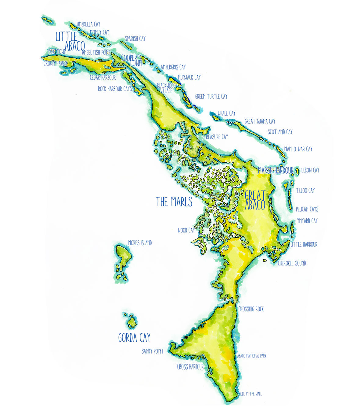 Abaco Islands Map.  Handpainted map of Great Abaco and Little Abaco.