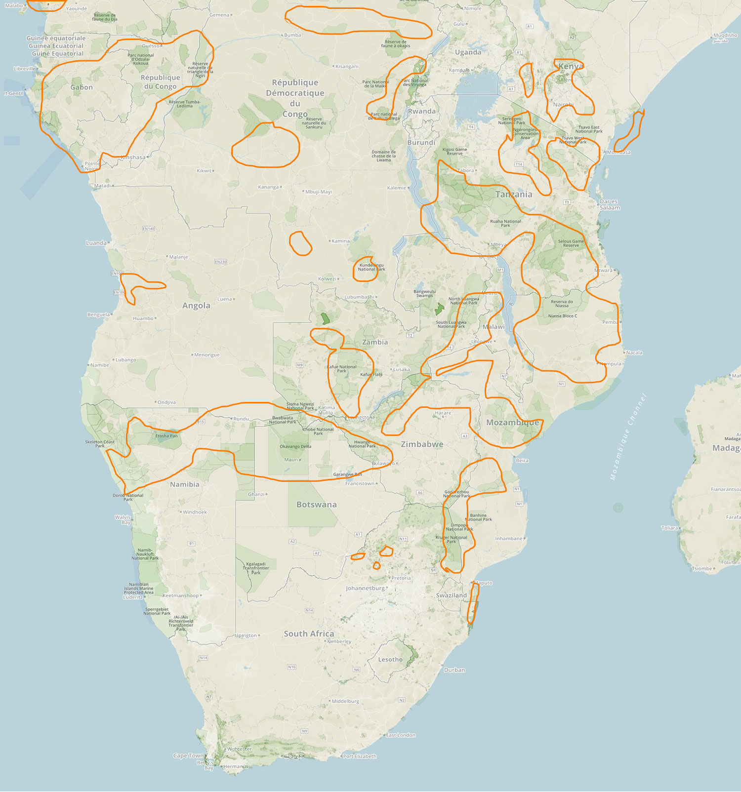 Map of Current Protected Land in Subsaharan Africa
