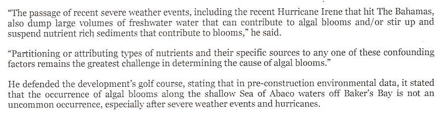 Pages two quote by Livingston Marshall Baker’s Bay Senior Vice President of Environmental and Community Affairs published in The Nassau Guardian newspaper on February 2, 2012: