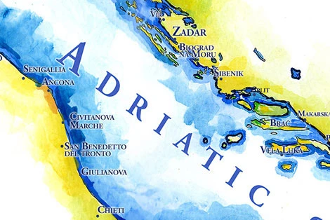 Handpainted watercolor and Copic marker map of the Adriatic Sea