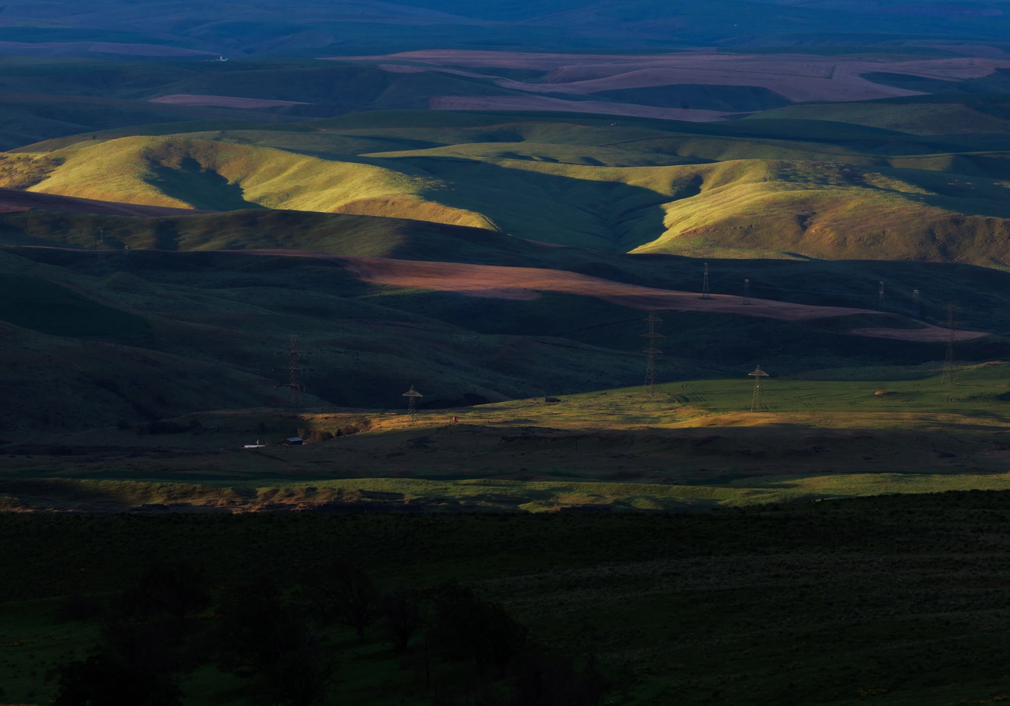 Evening light sweeping across the rolling green ridges of the Columbia Hills above The Dalles, with distant farmland and power lines fading into the blue shadows.