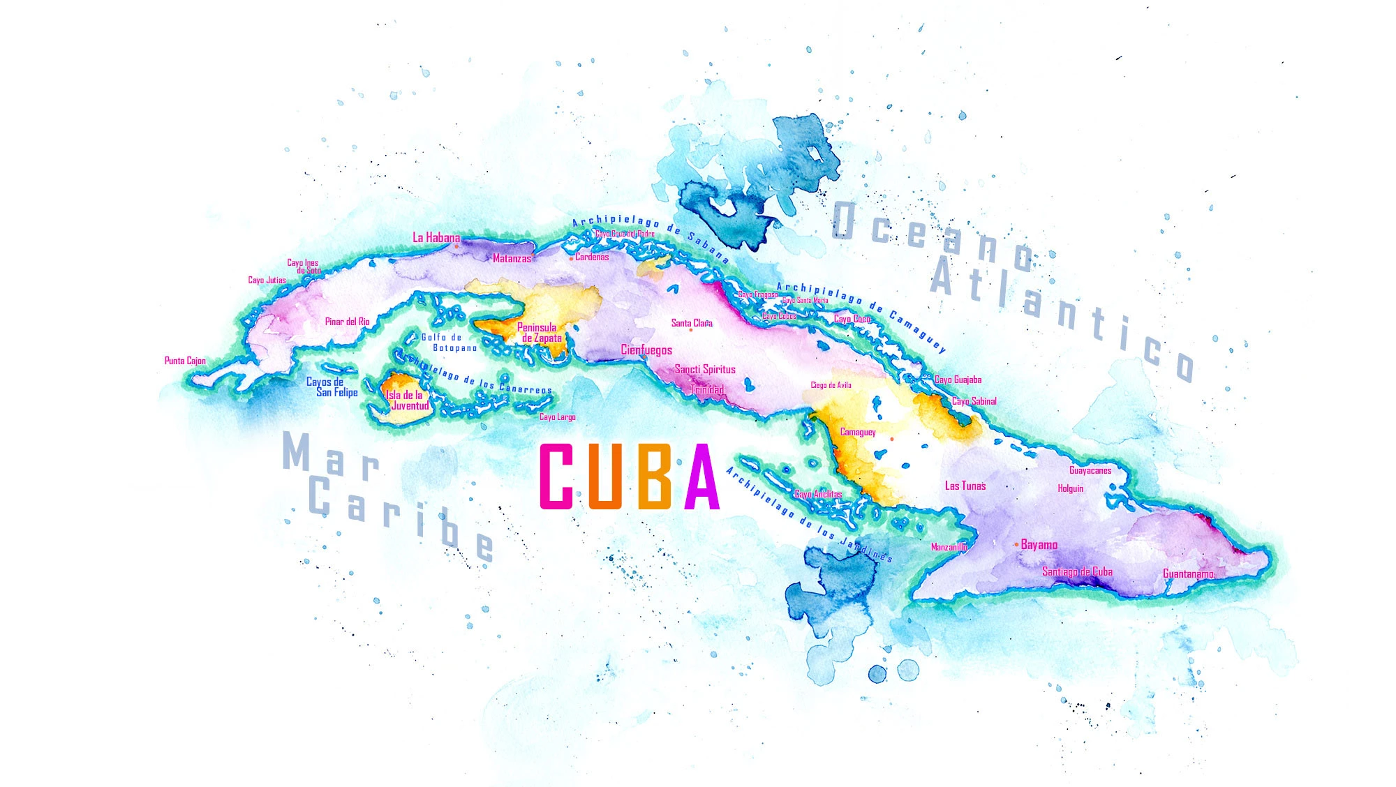 Watercolor map of Cuba showing the island's full outline and major cities