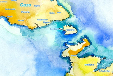 Handpainted watercolor map of Malta, Gozo, and Comino