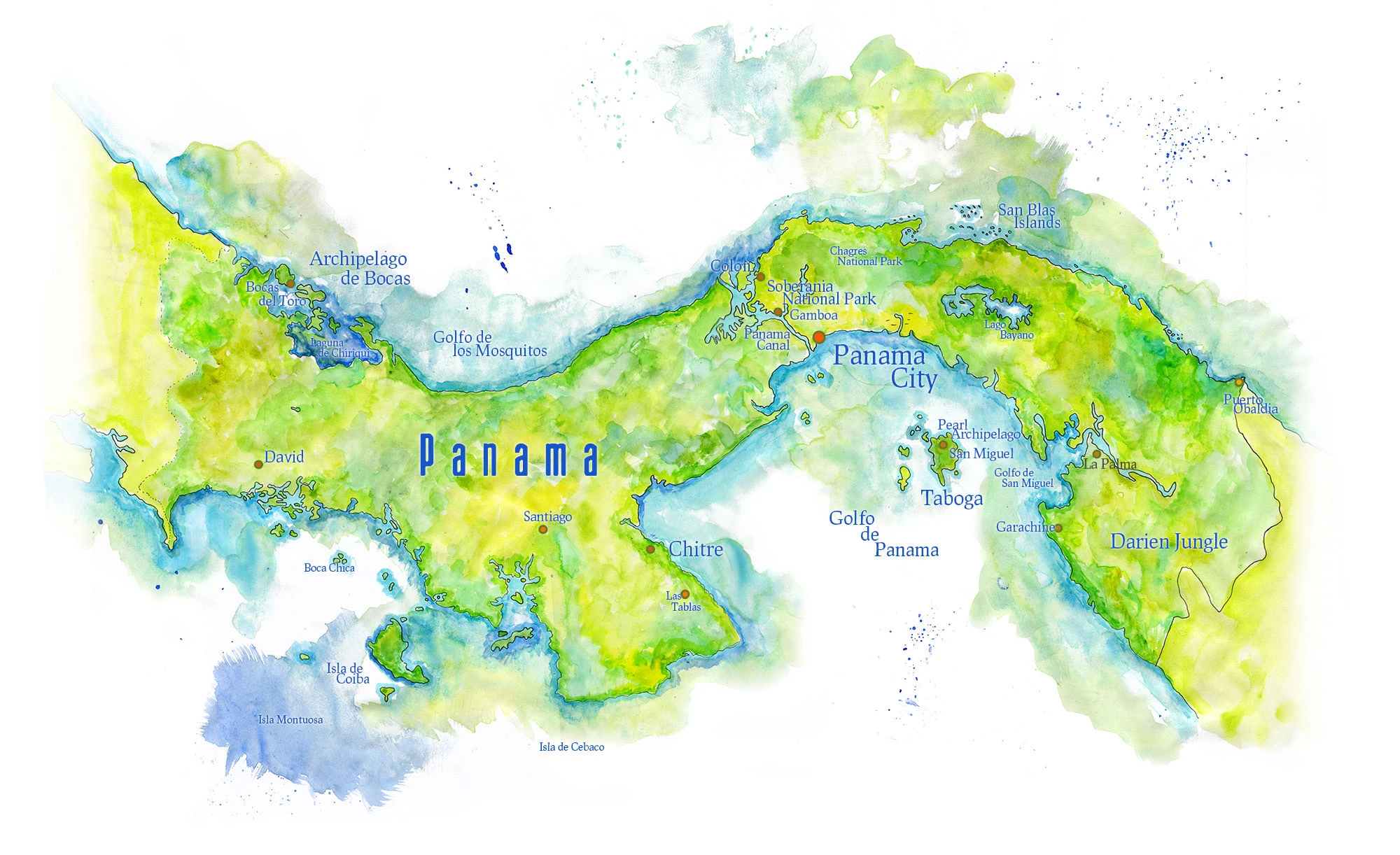 Handpainted watercolor map of Panama, the land bridge of the Americas