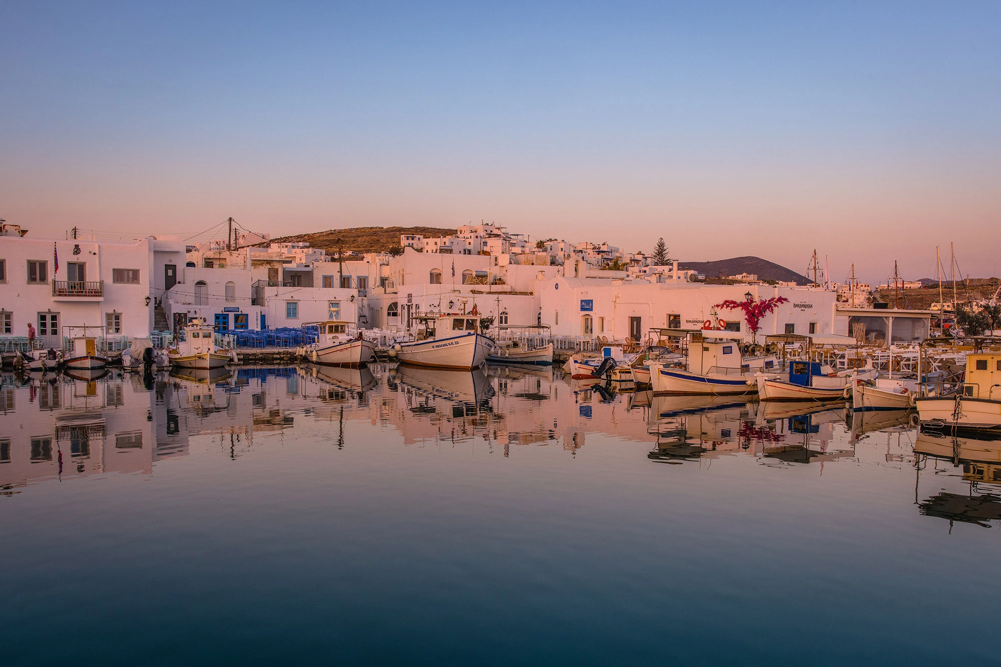 Naoussa harbor at sunrise, photographed from the village's Venetian fort