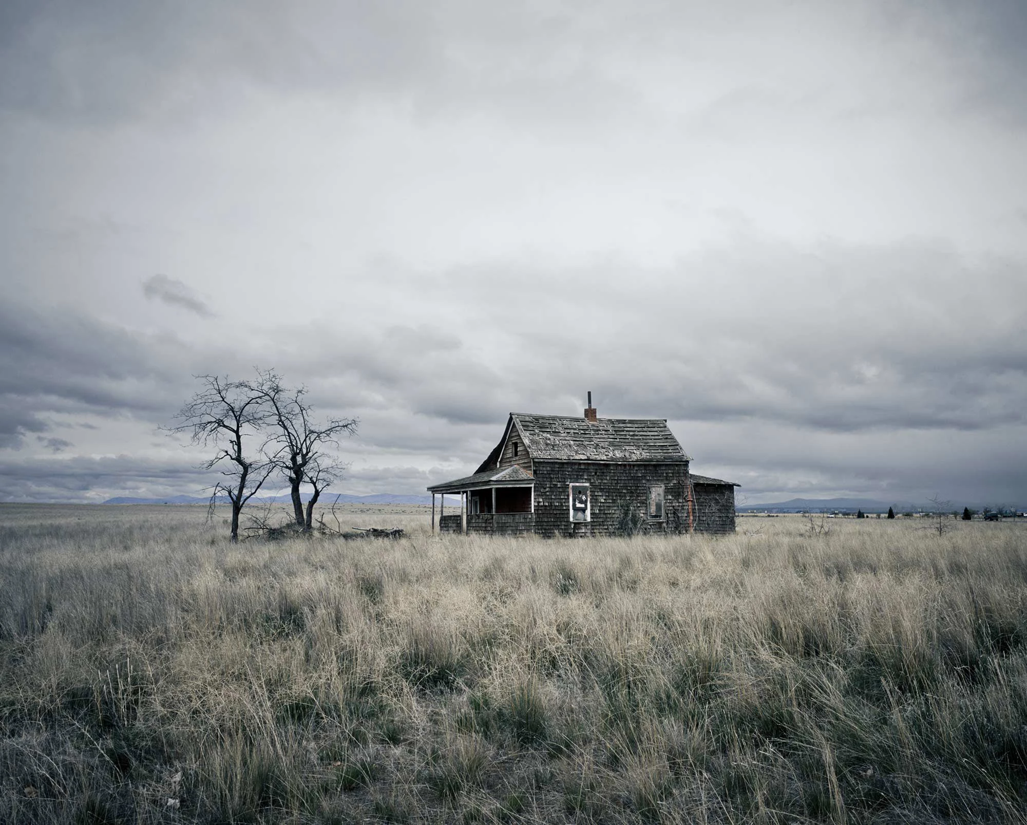 An abandoned farmhouse on the grasslands outside Madras, Oregon, its weathered boards and lone leafless trees standing under a vast, overcast sky.