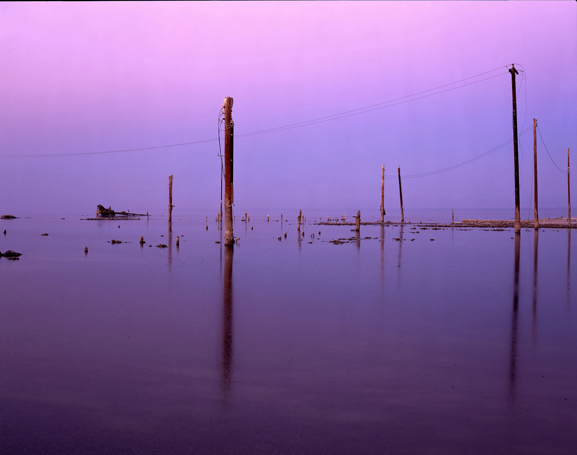 A crane standing among the flooded ruins of Bombay Beach, California, photographed in 2002 when parts of the town were still underwater. Decaying structures from the 1970s linger in the shallows of the Salton Sea, remnants of a resort era long lost to flooding, abandonment, and ecological collapse.