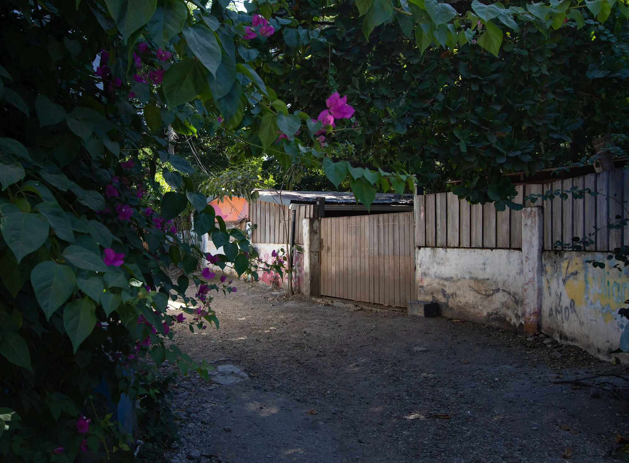 Narrow alleyway in Tamarindo, Costa Rica, framed by colorful walls and tropical light