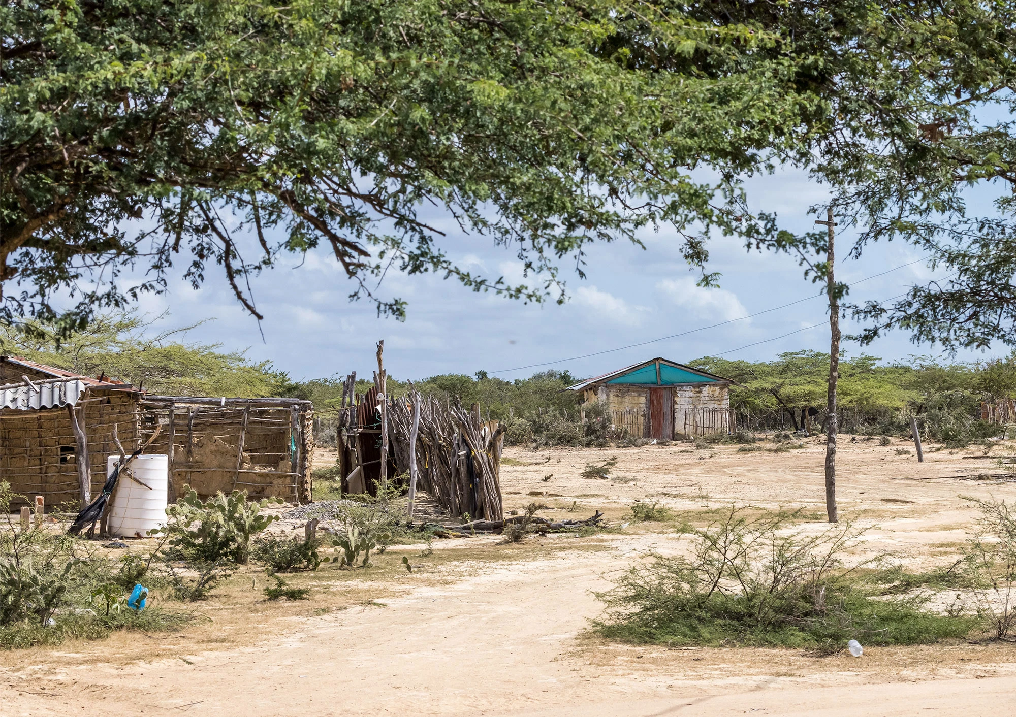 A view of the Tocoromana community in La Guajira, Colombia, where Wayuu families live in a cluster of simple adobe homes surrounded by desert scrub. Clotheslines stretch between the houses, and children play in the dusty clearing under the midday sun.