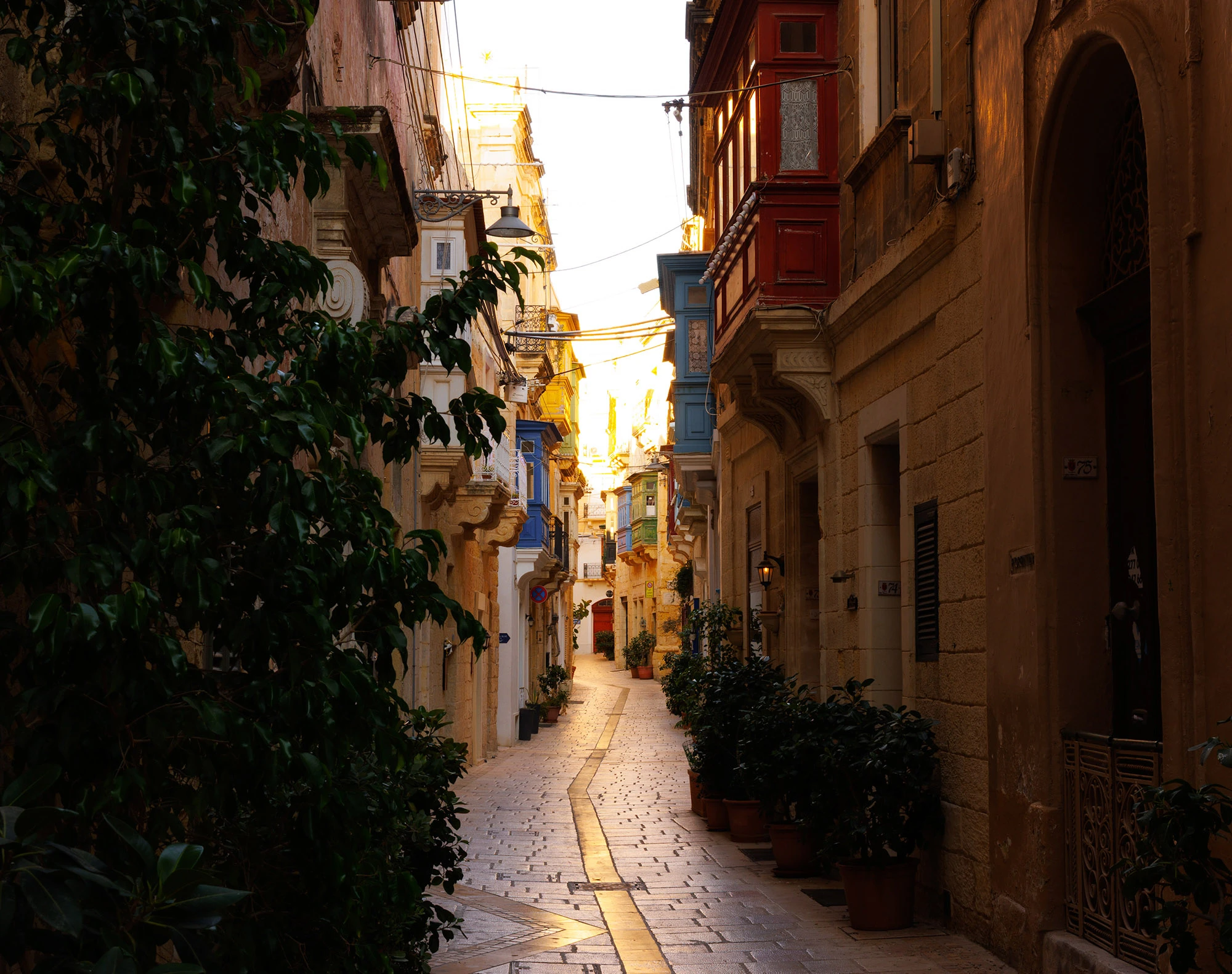 Triq Tabone Street in Birgu, Malta, a narrow stone alley paved with worn limestone blocks. The passage curves gently toward the light, where the golden evening sun illuminates traditional Maltese balconies painted in red and blue. Potted plants line the lower walls, lanterns hang from the facades, and the close stone buildings press in, giving the street an intimate, lived-in character. This was once the nerve center of Christendom during the Great Siege, yet today it feels like a quiet neighborhood thoroughfare.