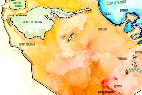 Handpainted watercolor map of Tunisia, showing its geography from the green northern hills to the vast, empty Sahara Desert.